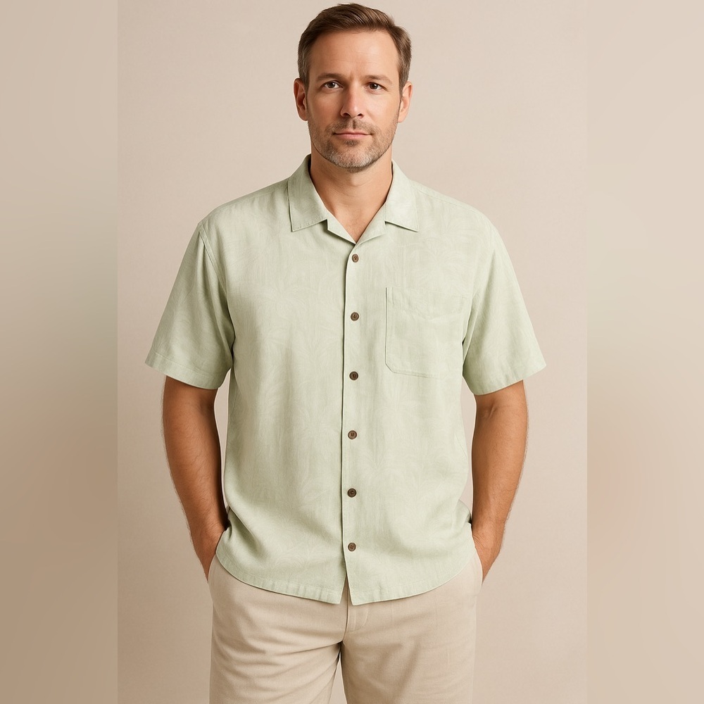 Jamaica Jaxx Men’s 100% Silk Hawaiian Shirt XL | Green Floral Button Up Tropical